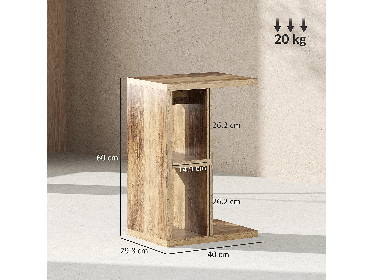 Tavolino a forma di c con 3 ripiani e 2 scomparti aperti marrone