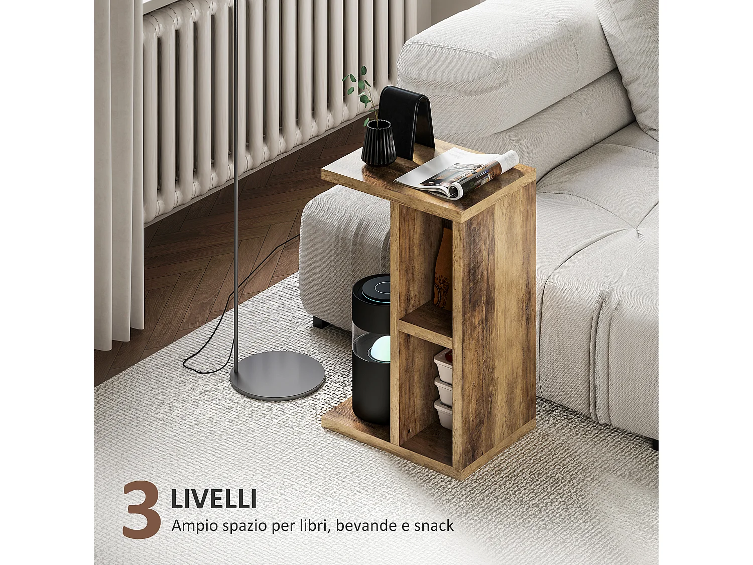 Tavolino a forma di c con 3 ripiani e 2 scomparti aperti marrone