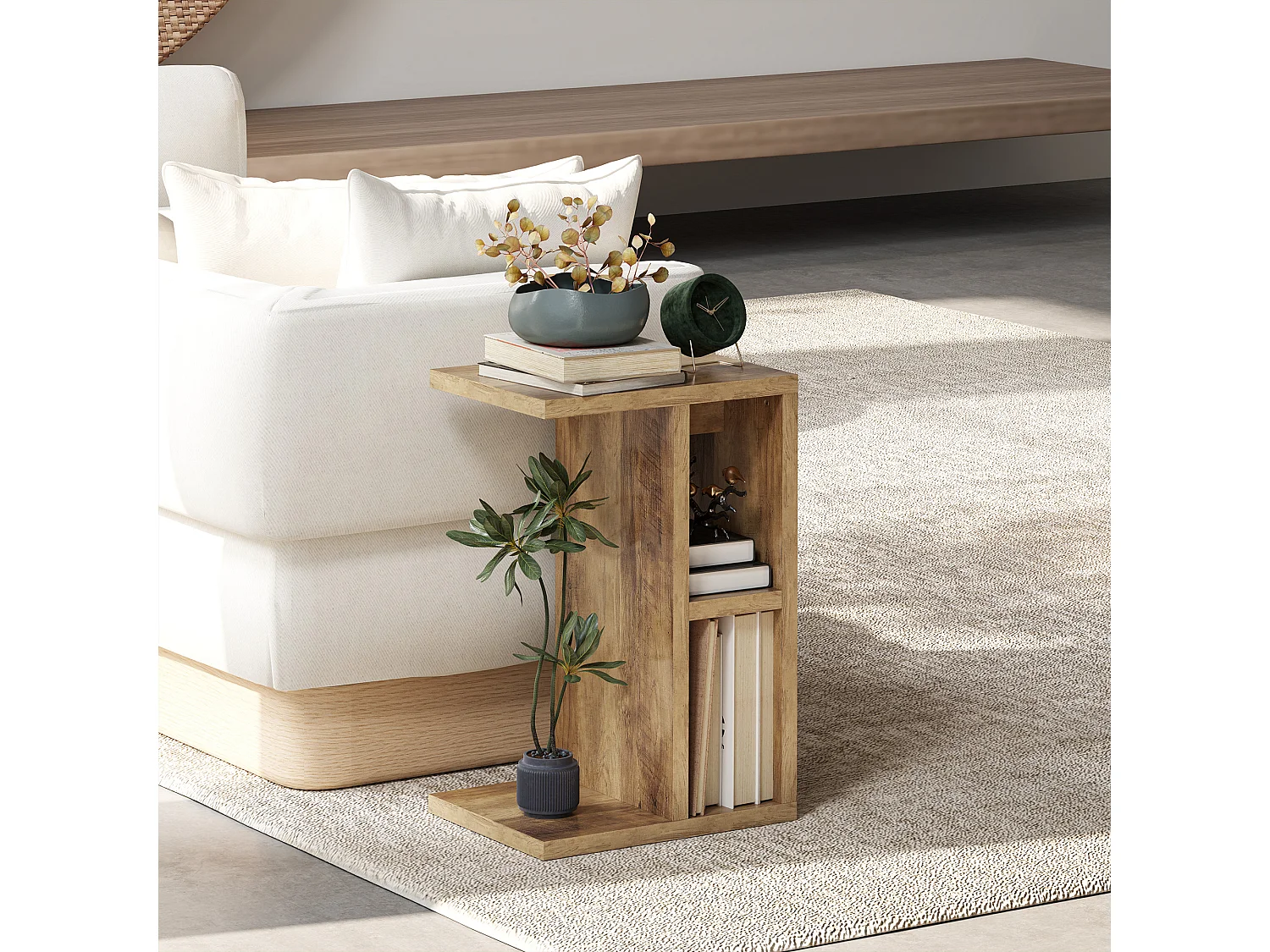 Tavolino a forma di c con 3 ripiani e 2 scomparti aperti marrone