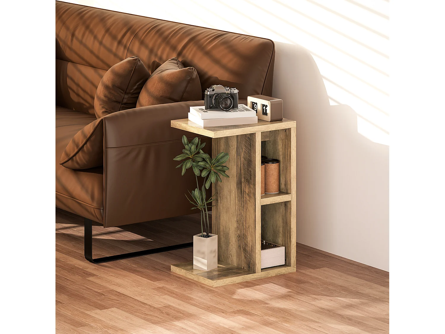 Tavolino a forma di c con 3 ripiani e 2 scomparti aperti marrone