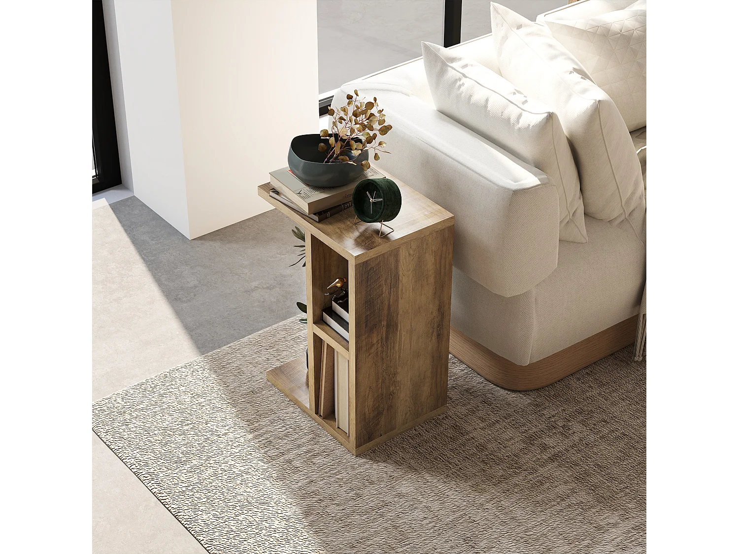 Tavolino a forma di c con 3 ripiani e 2 scomparti aperti marrone