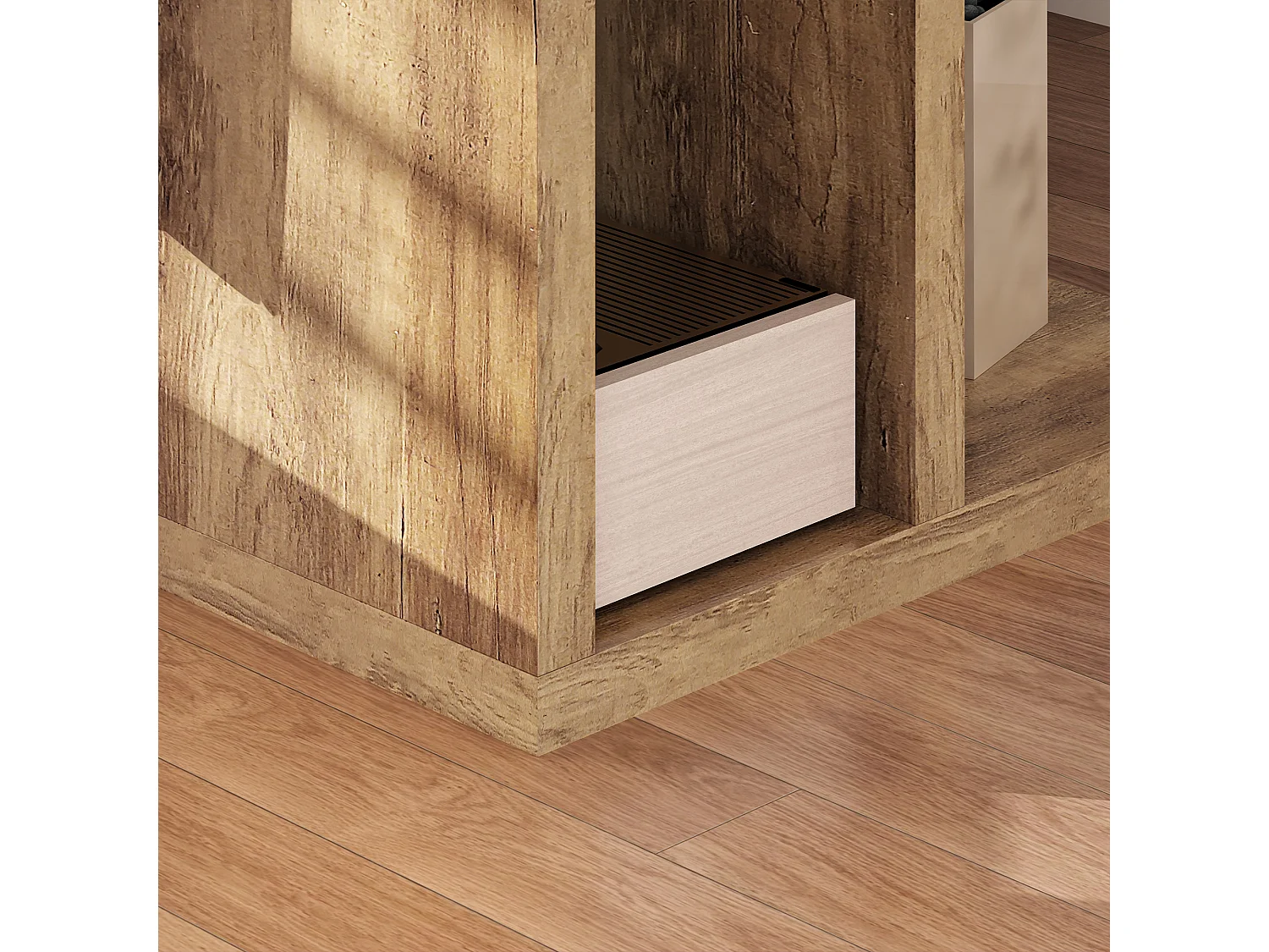 Tavolino a forma di c con 3 ripiani e 2 scomparti aperti marrone