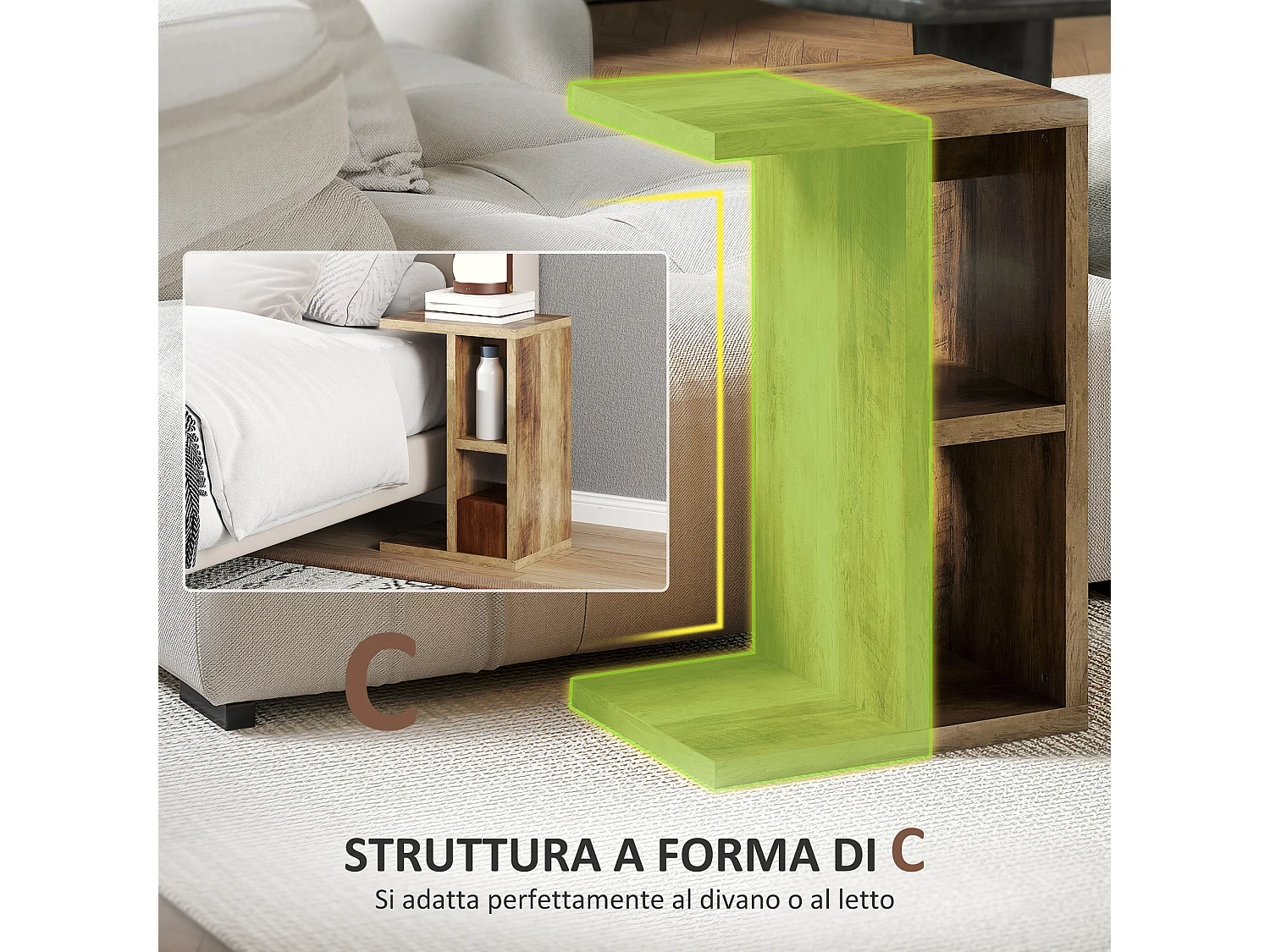 Tavolino a forma di c con 3 ripiani e 2 scomparti aperti marrone