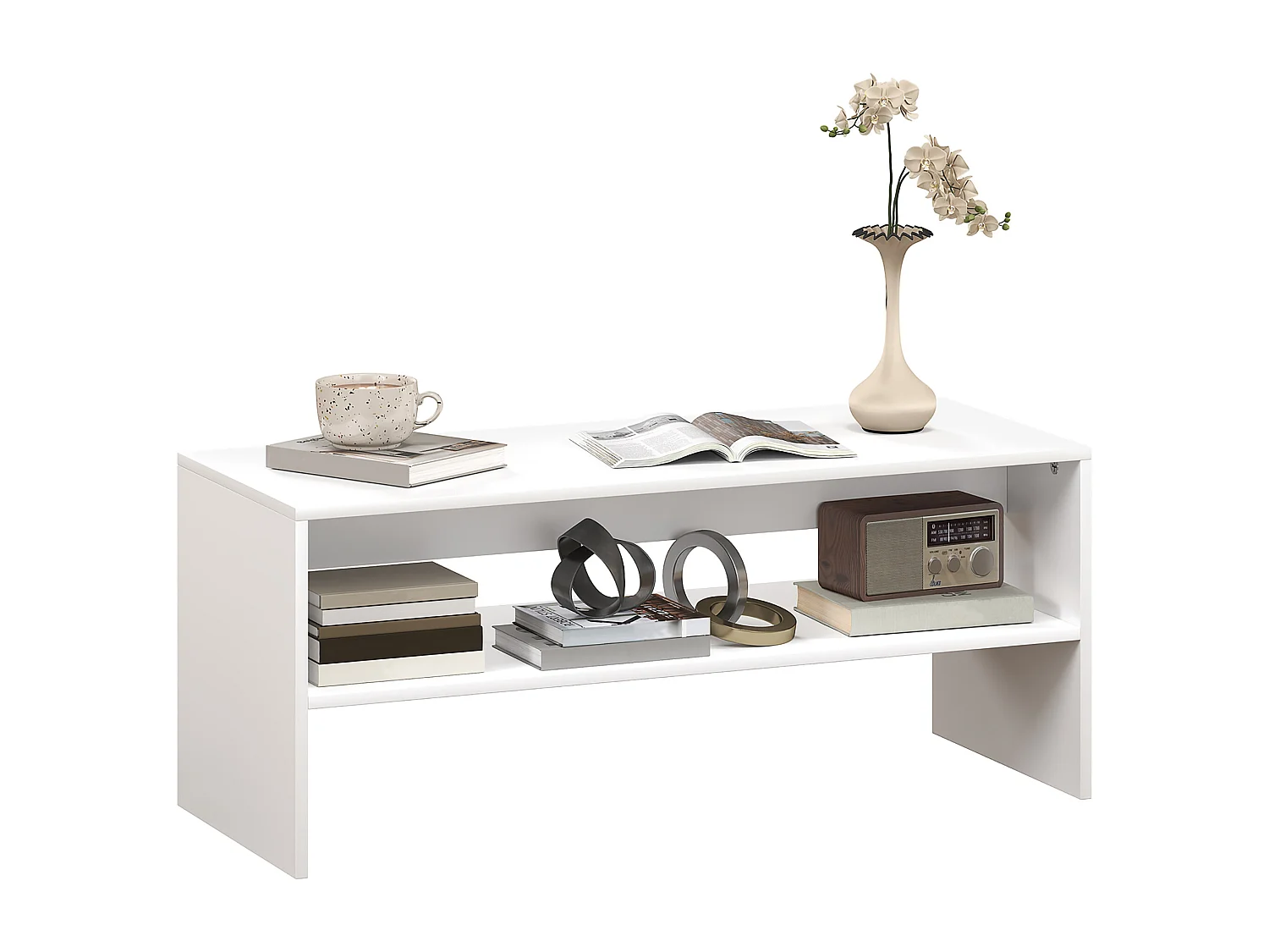 Tavolino da caffè moderno 2 livelli con ripiano aperto in legno bianco