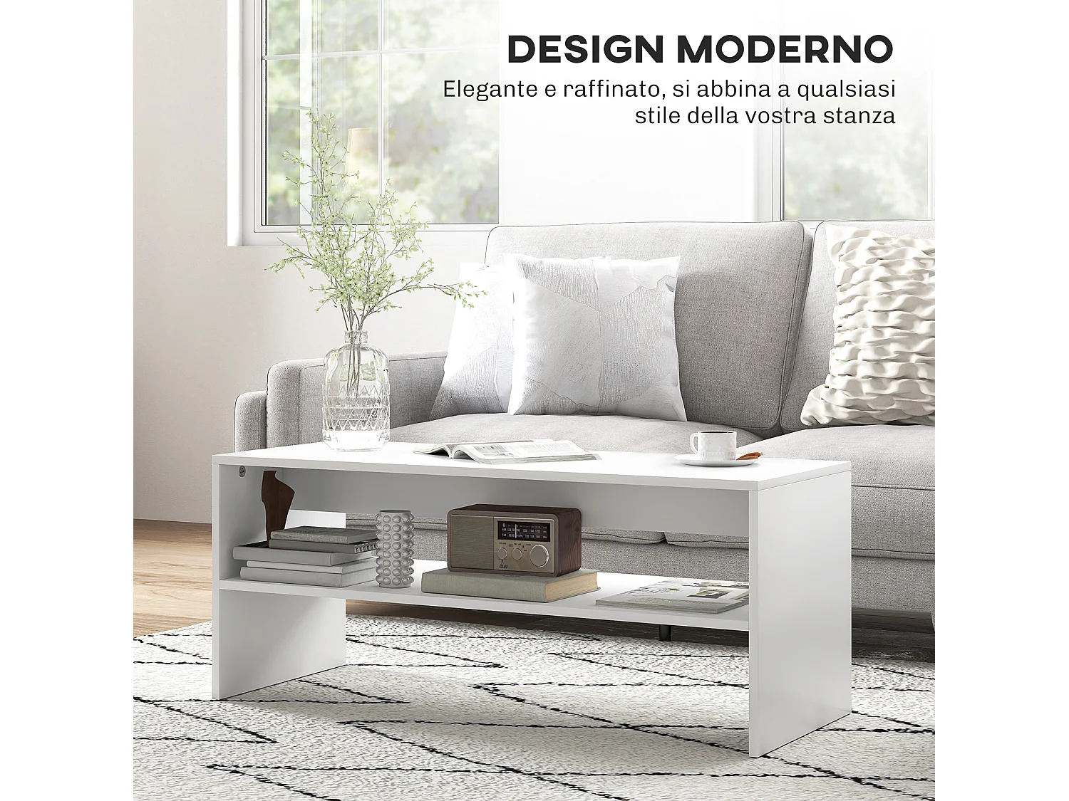 Tavolino da caffè moderno 2 livelli con ripiano aperto in legno bianco