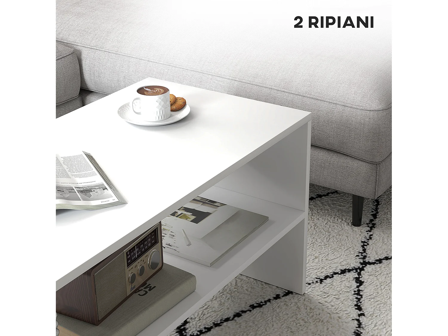 Tavolino da caffè moderno 2 livelli con ripiano aperto in legno bianco