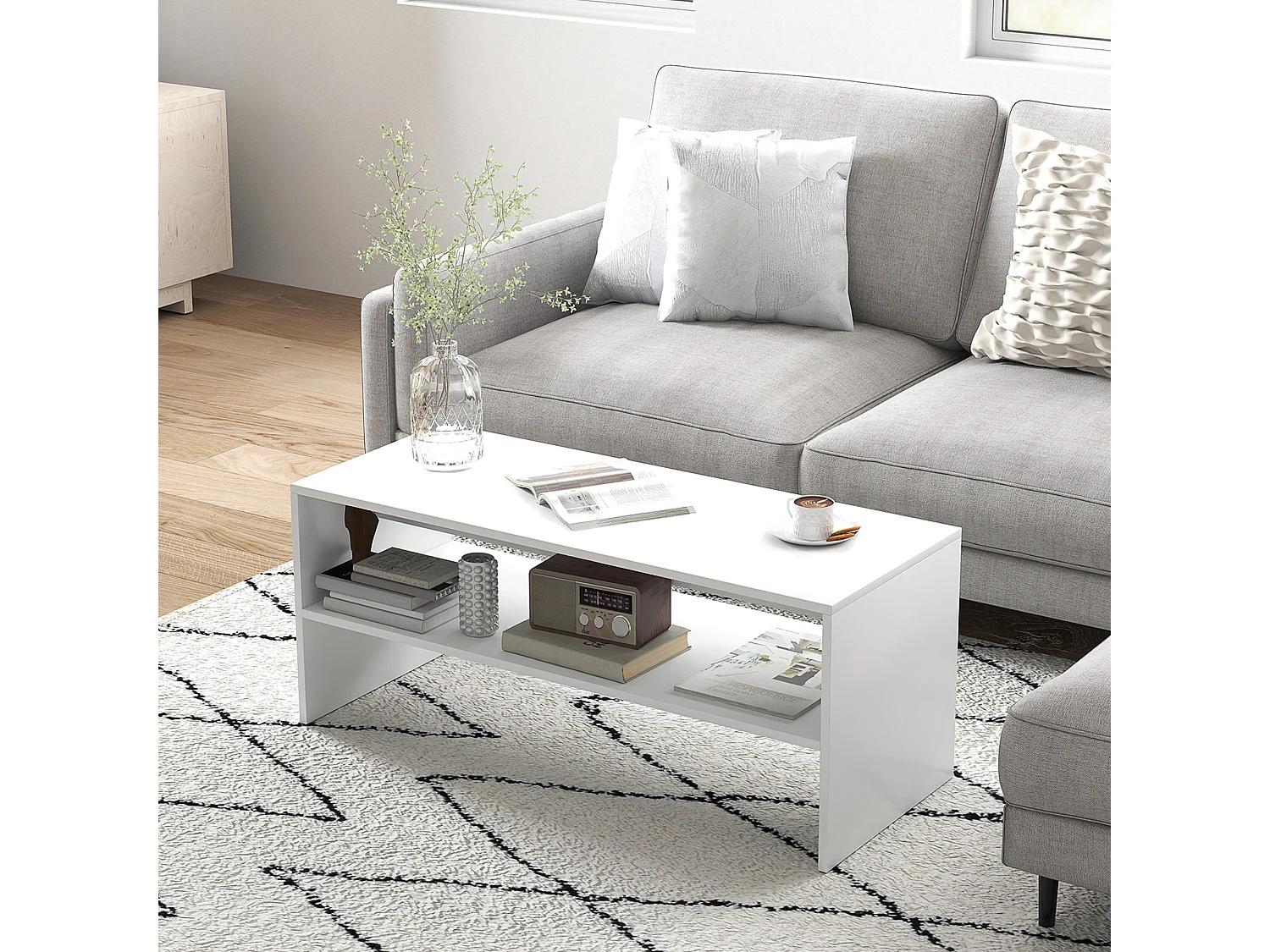 Tavolino da caffè moderno 2 livelli con ripiano aperto in legno bianco