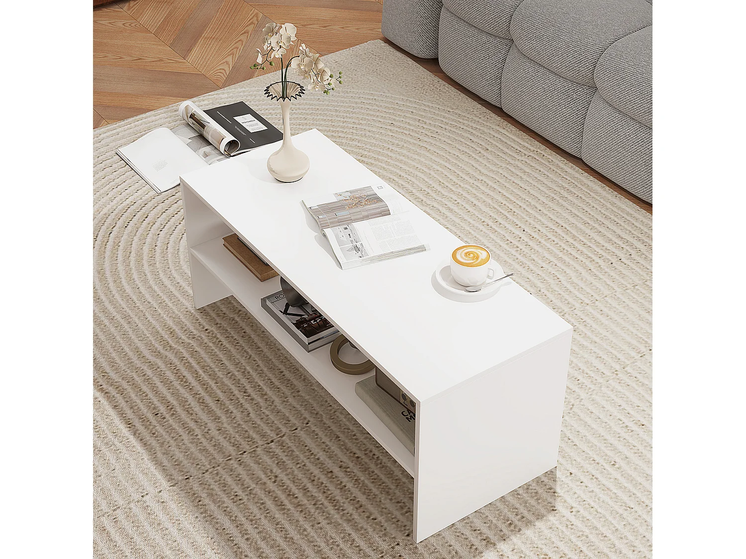 Tavolino da caffè moderno 2 livelli con ripiano aperto in legno bianco