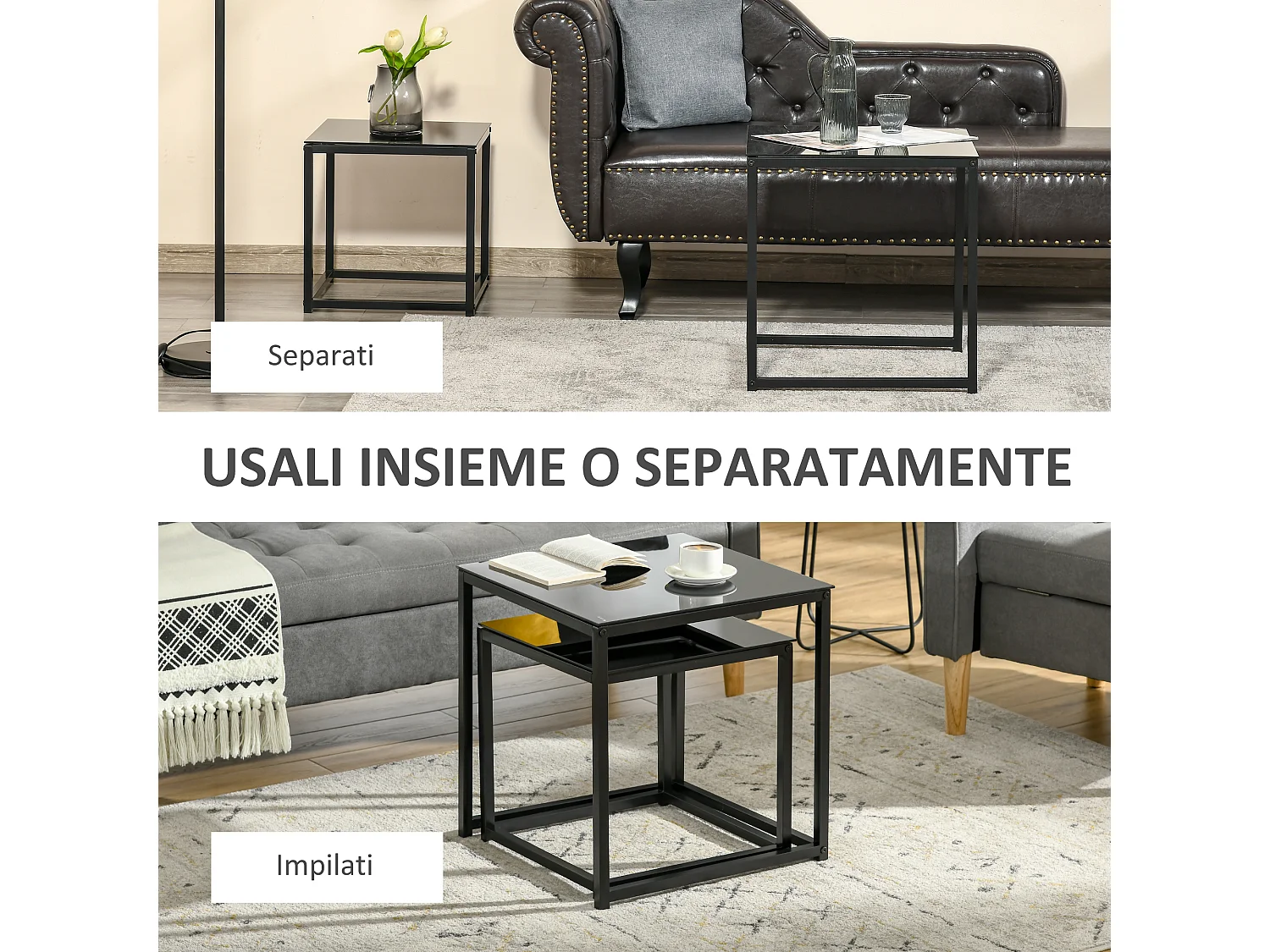 Set 2 tavolini da salotto moderni acciaio vetro temperato nero