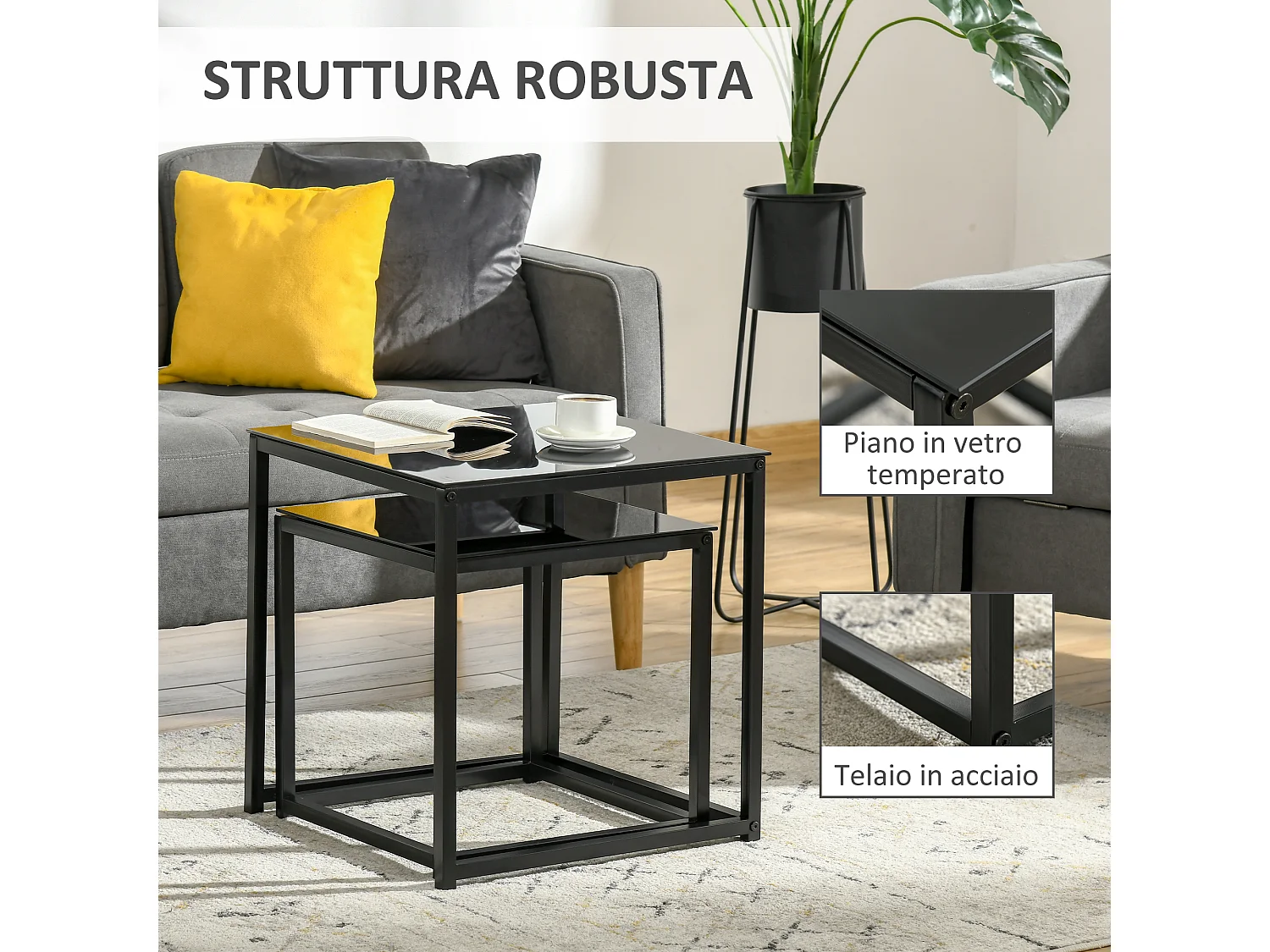 Set 2 tavolini da salotto moderni acciaio vetro temperato nero