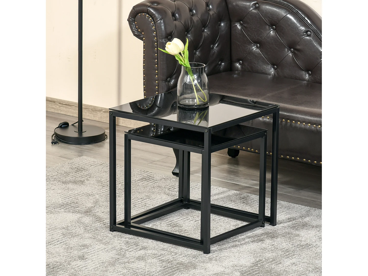 Set 2 tavolini da salotto moderni acciaio vetro temperato nero