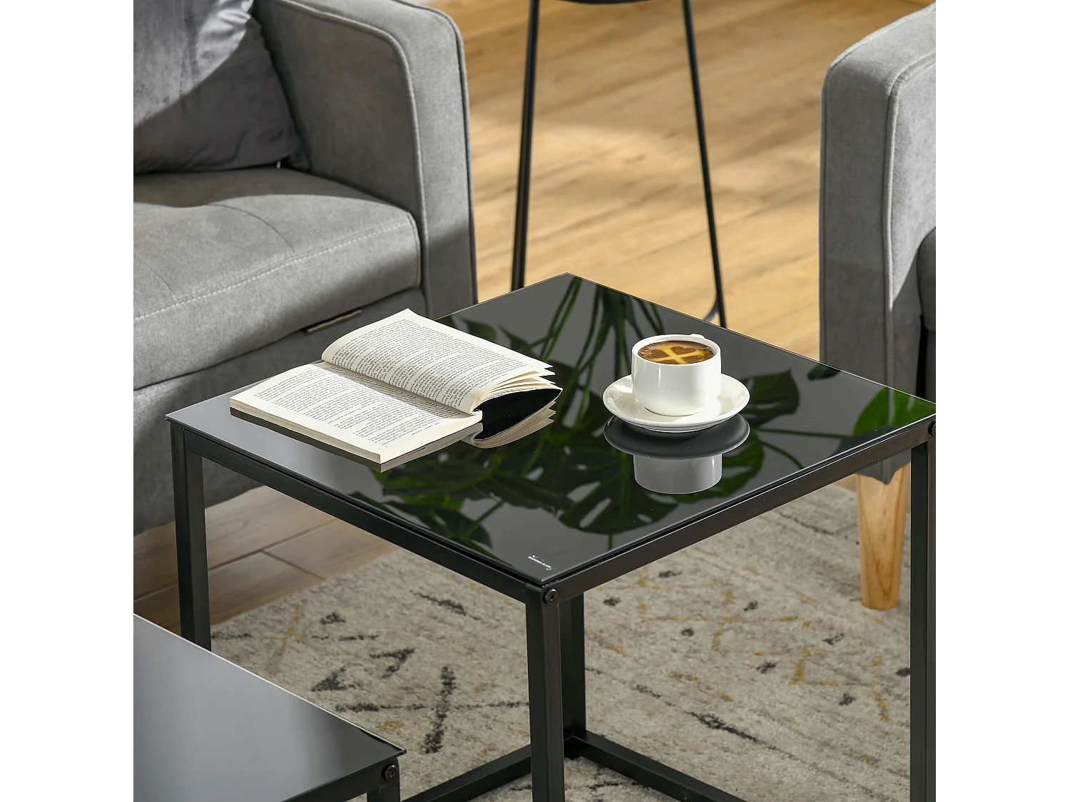 Set 2 tavolini da salotto moderni acciaio vetro temperato nero