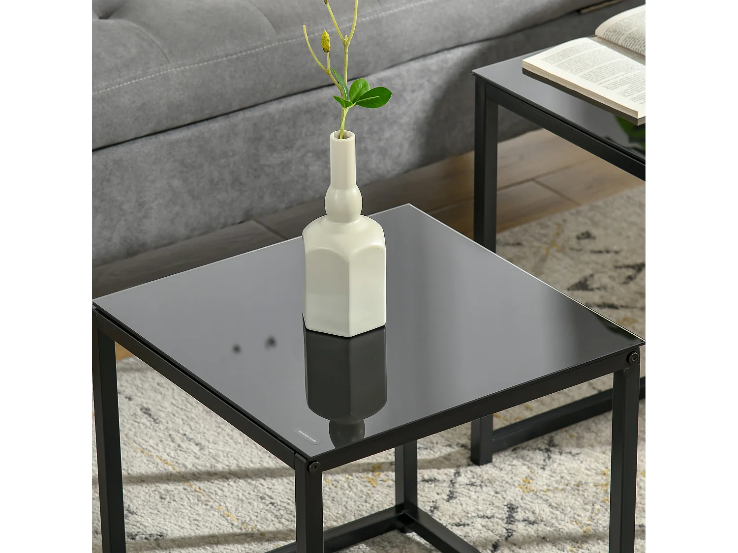 Set 2 tavolini da salotto moderni acciaio vetro temperato nero