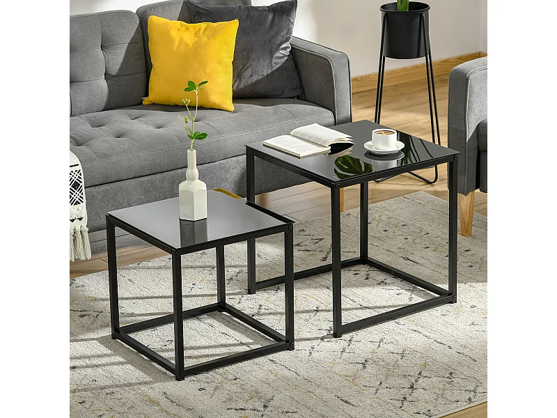 Set 2 tavolini da salotto moderni acciaio vetro temperato nero