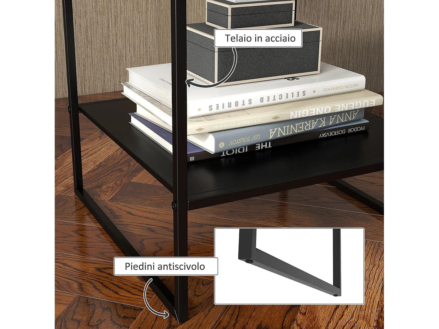 Tavolino da caffè a 2 ripiani stile industriale in acciaio nero