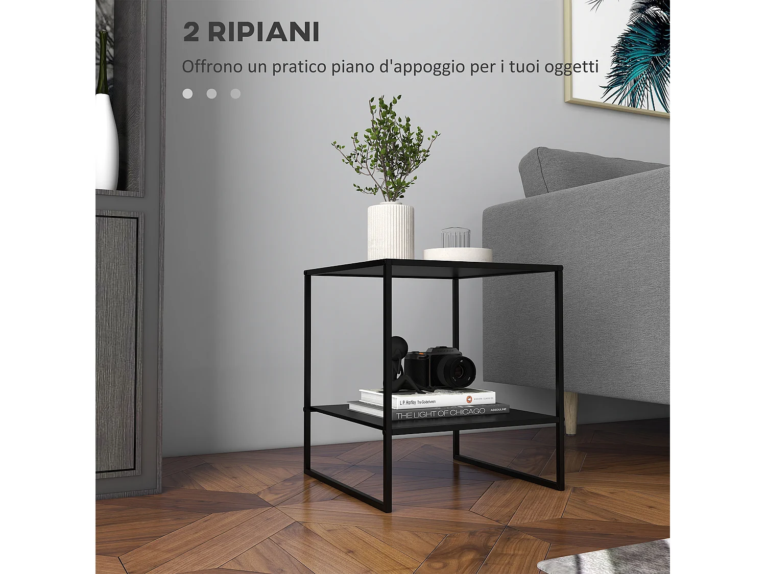 Tavolino da caffè a 2 ripiani stile industriale in acciaio nero