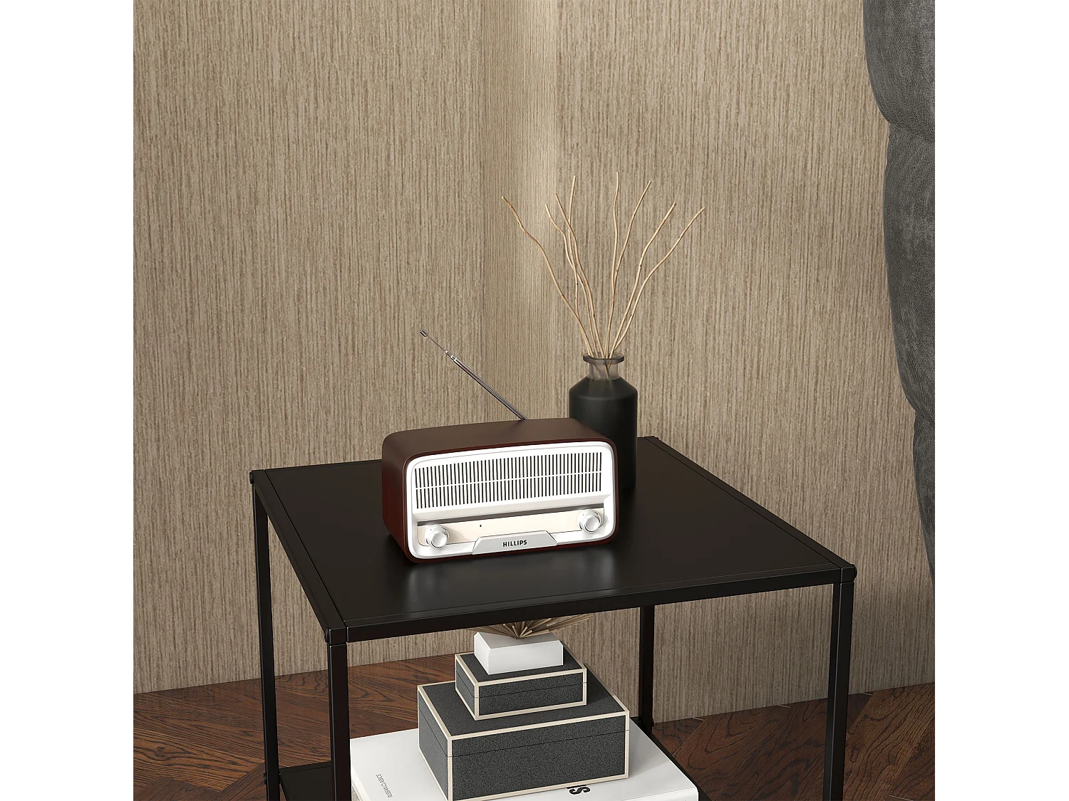 Tavolino da caffè a 2 ripiani stile industriale in acciaio nero