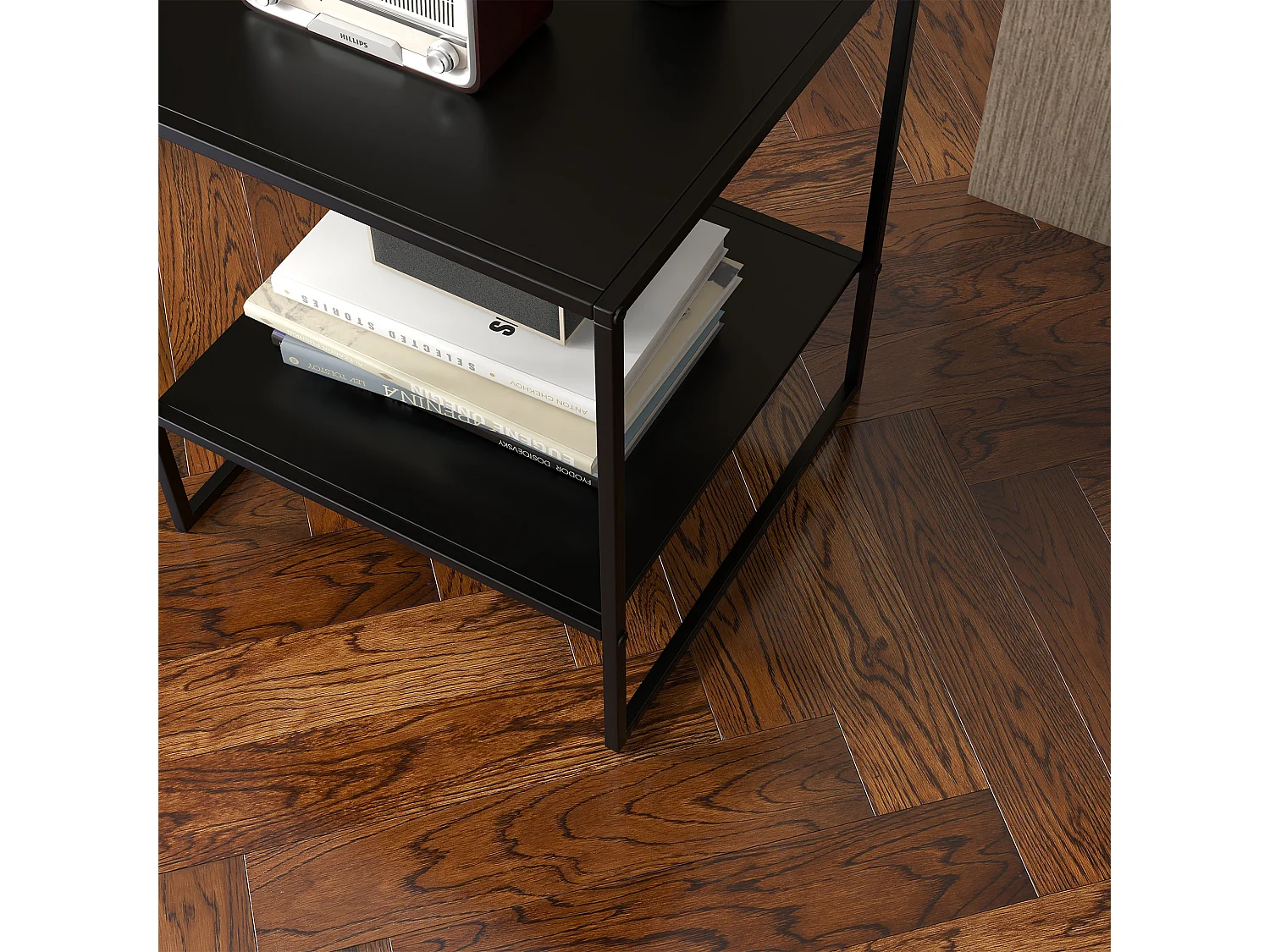 Tavolino da caffè a 2 ripiani stile industriale in acciaio nero