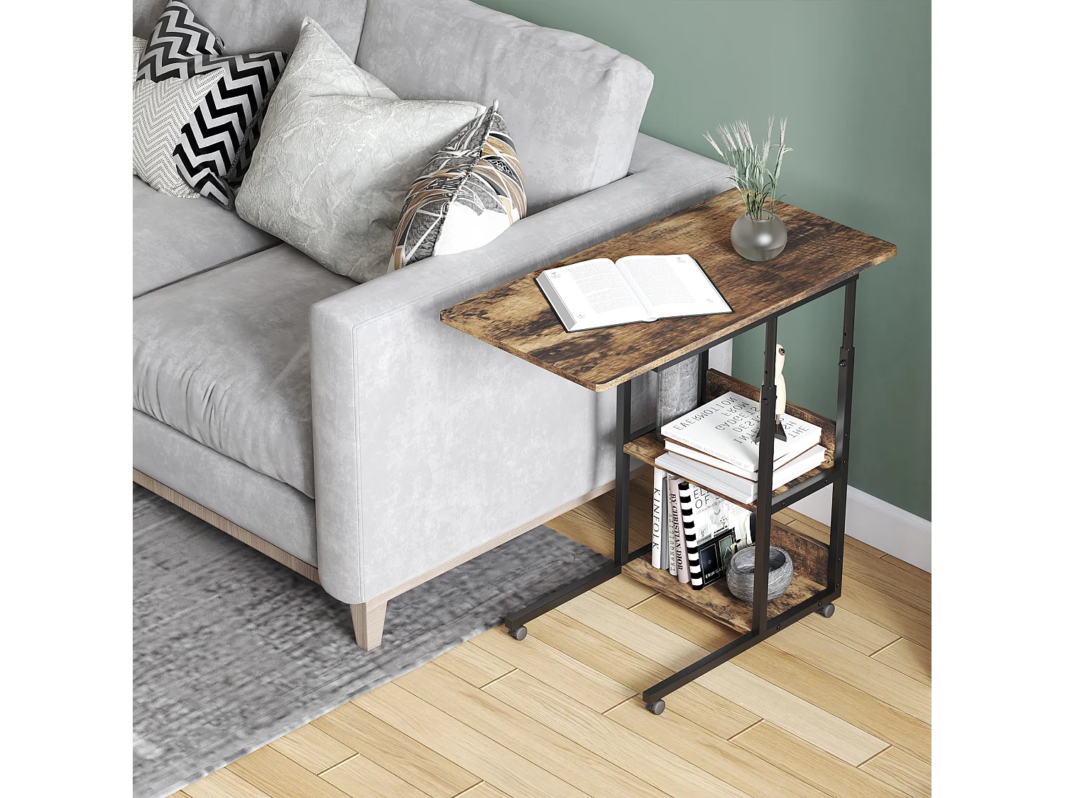 Tavolino da divano stile industriale altezza regolabile 4 ruote