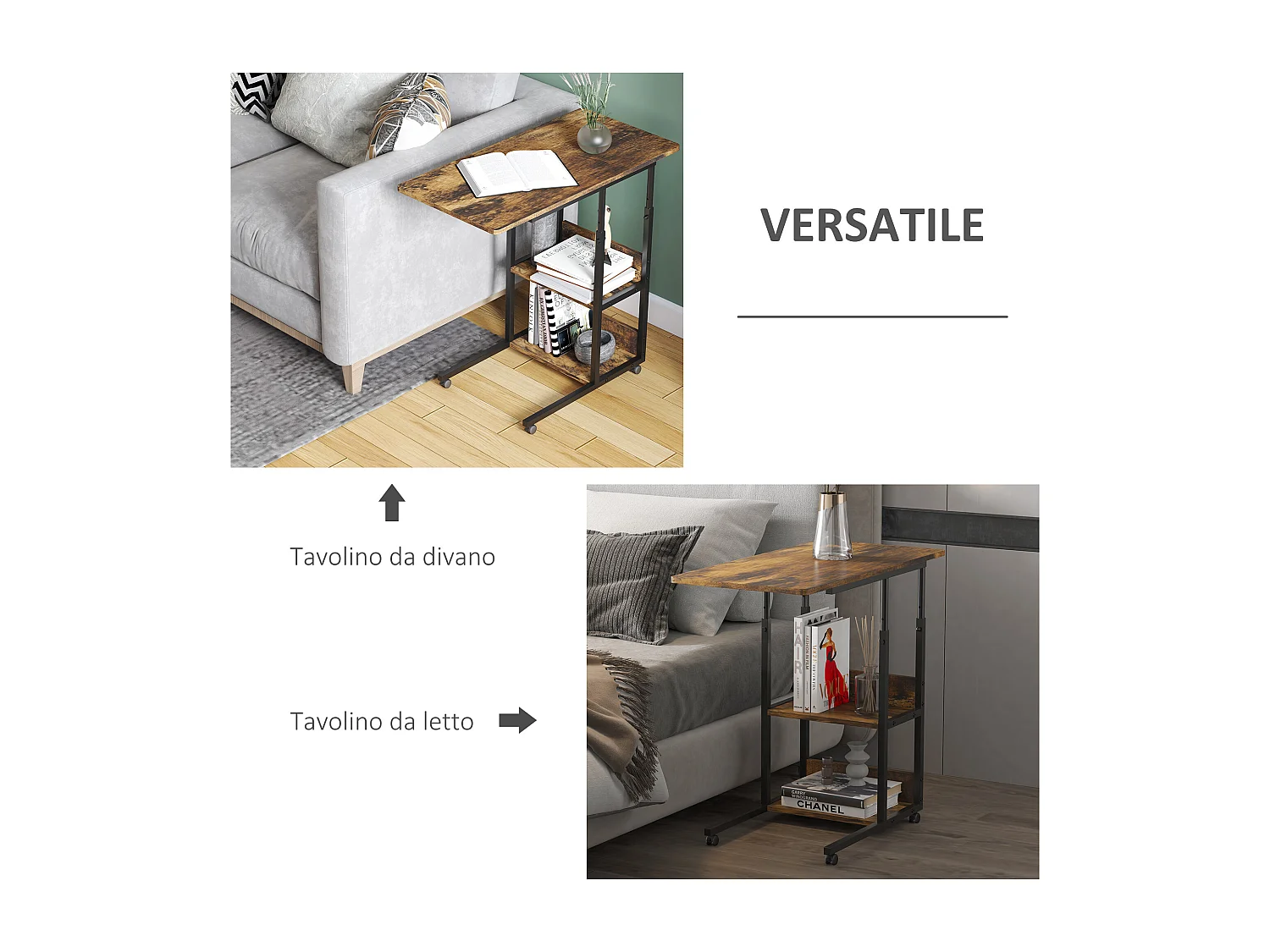 Tavolino da divano stile industriale altezza regolabile 4 ruote