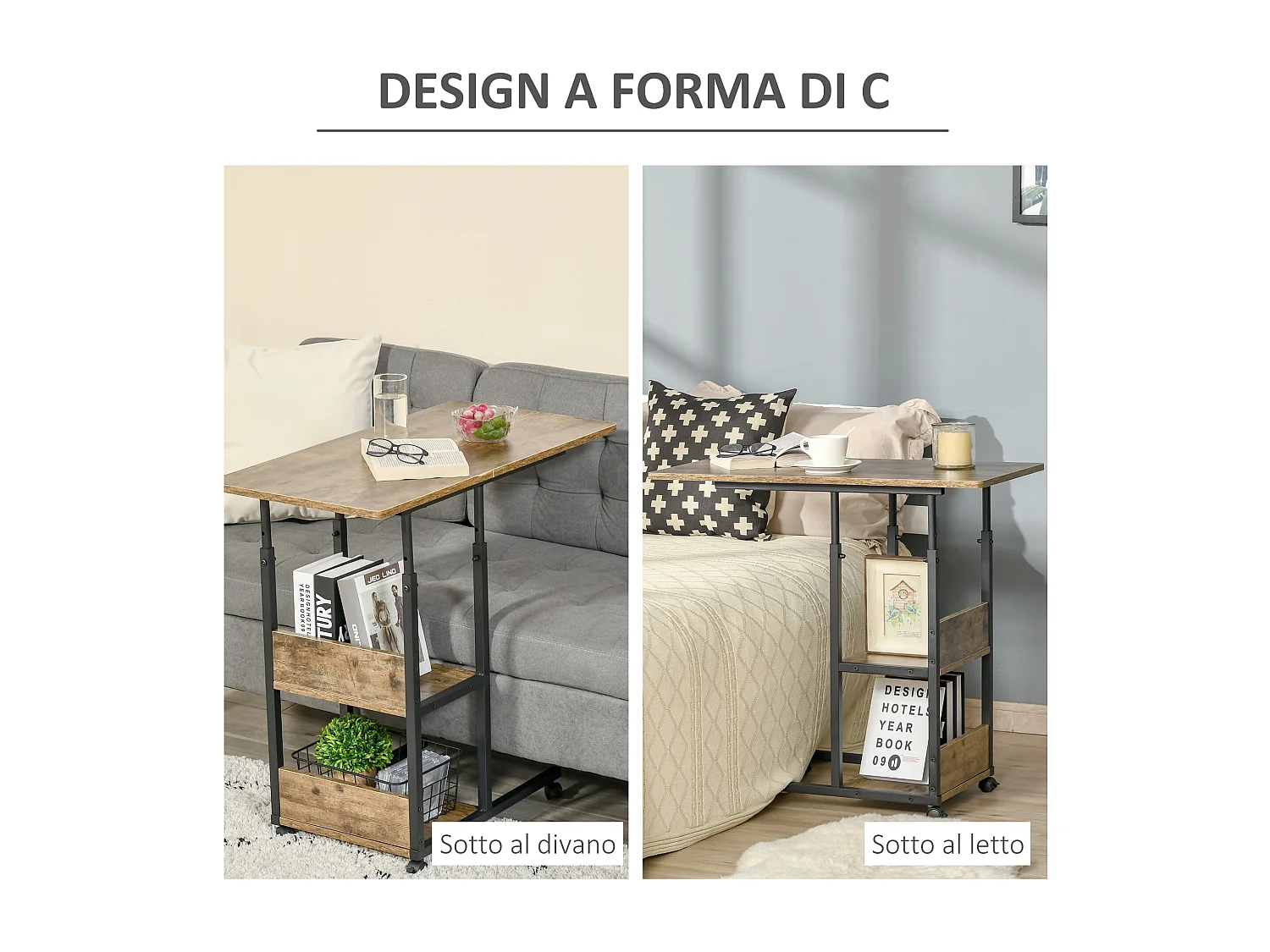 Tavolino da divano stile industriale altezza regolabile 4 ruote