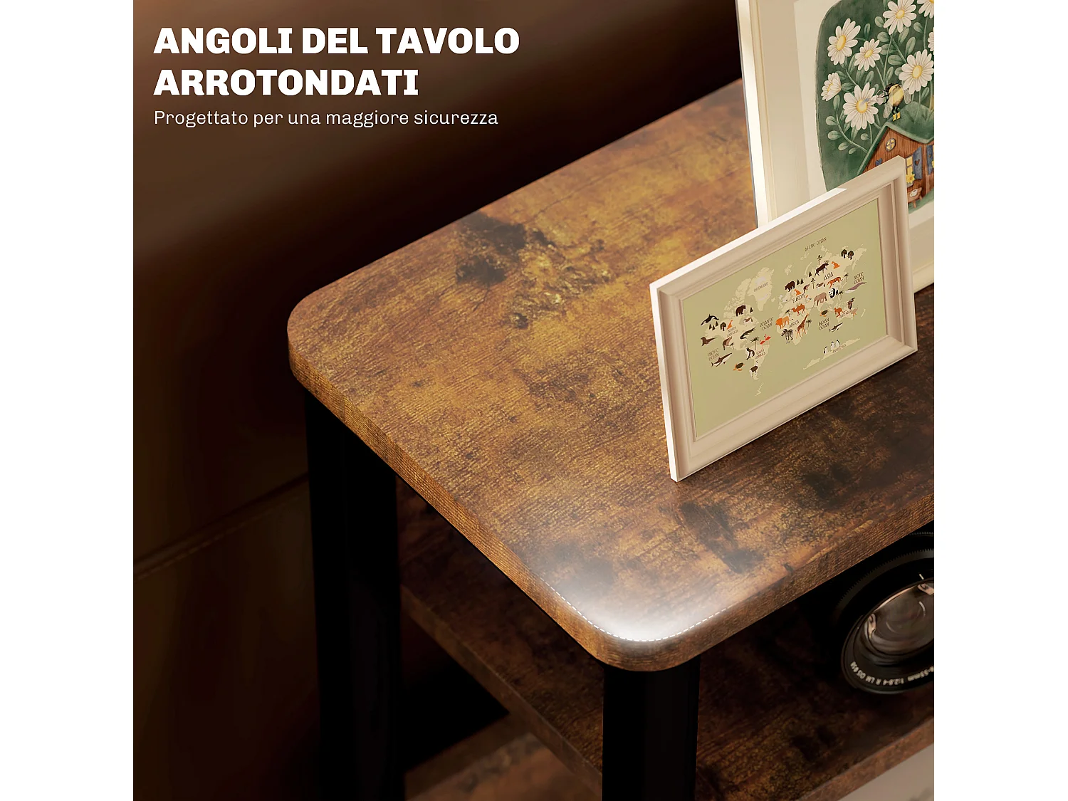 Tavolino da soggiorno industriale a 2 ripiani in legno metallo marrone