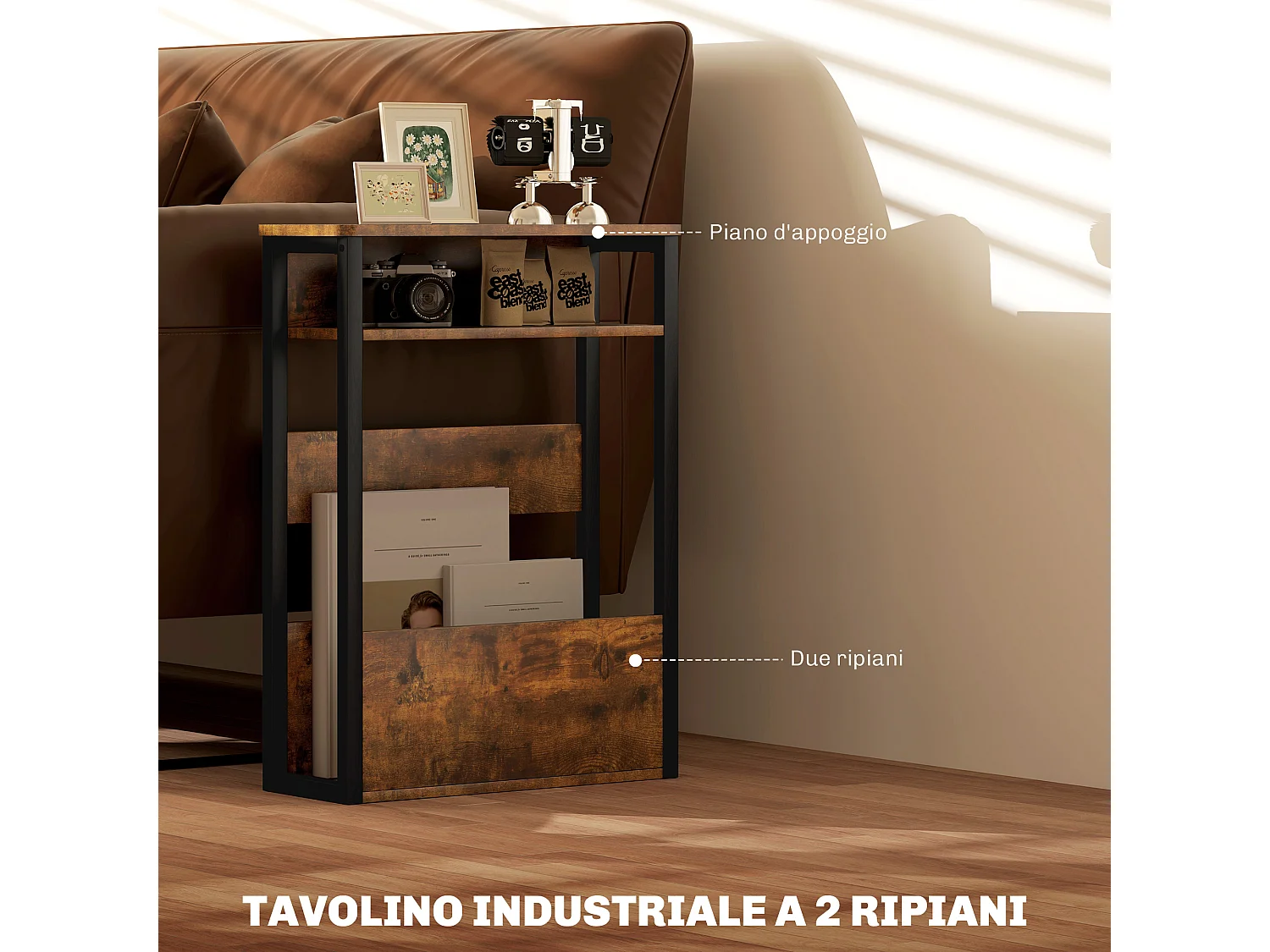 Tavolino da soggiorno industriale a 2 ripiani in legno metallo marrone