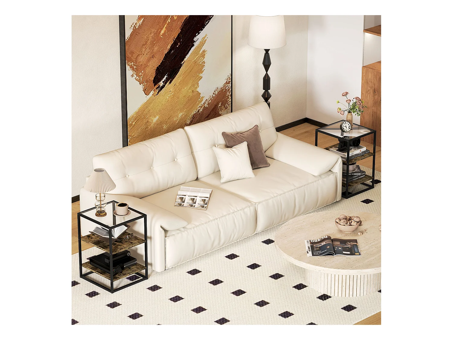 Set 2 tavolini da soggiorno a 3 livelli con piano in vetro marrone