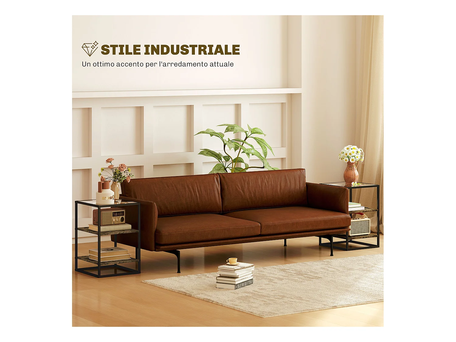 Set 2 tavolini da soggiorno a 3 livelli con piano in vetro marrone