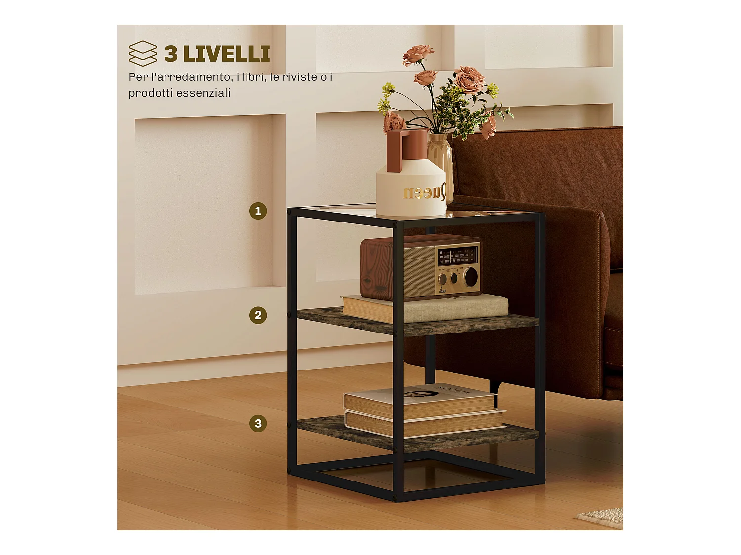 Set 2 tavolini da soggiorno a 3 livelli con piano in vetro marrone