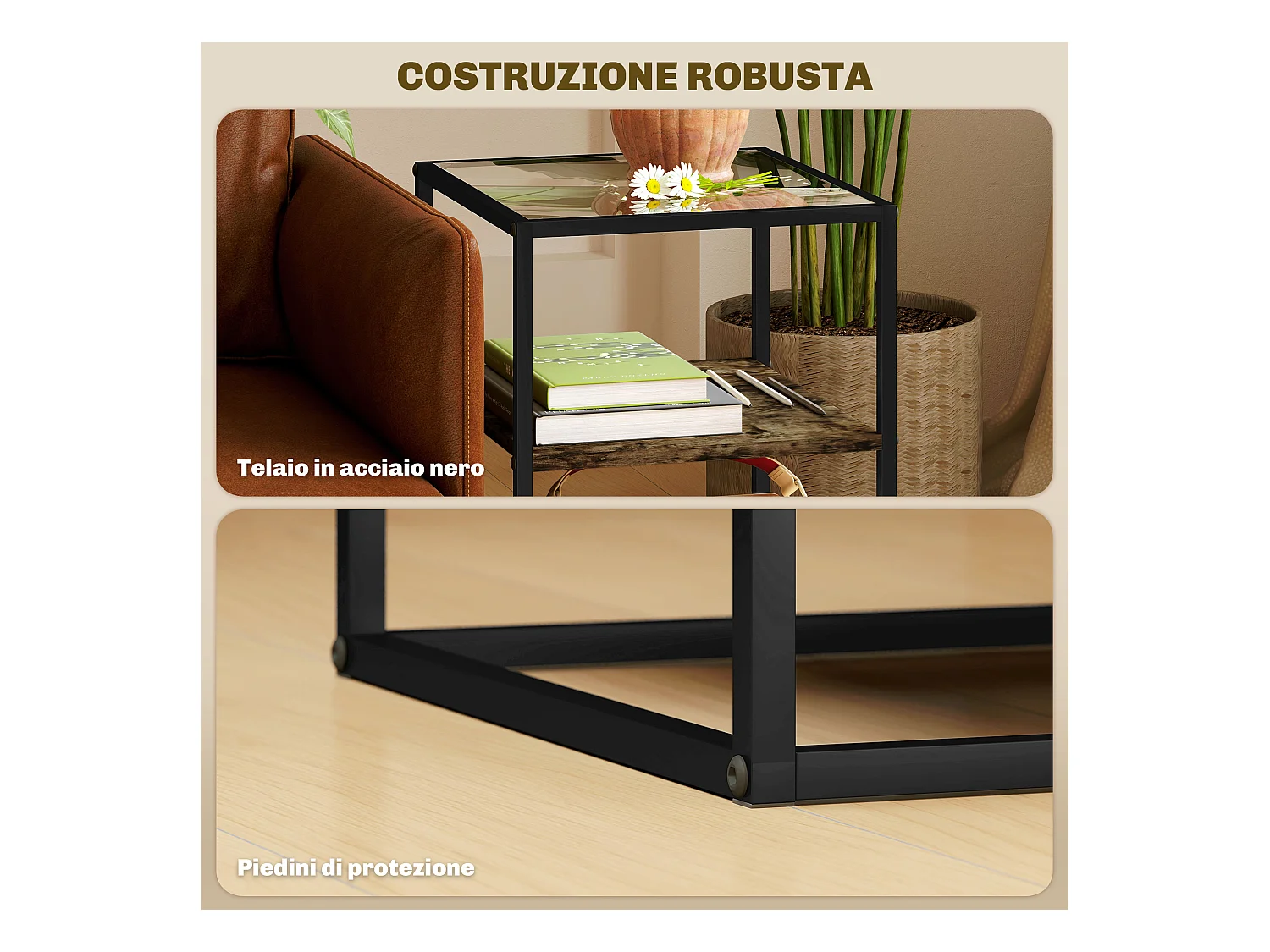 Set 2 tavolini da soggiorno a 3 livelli con piano in vetro marrone