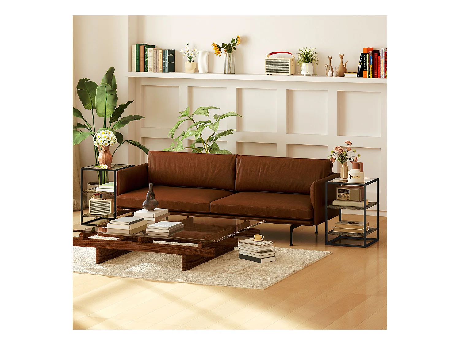 Set 2 tavolini da soggiorno a 3 livelli con piano in vetro marrone