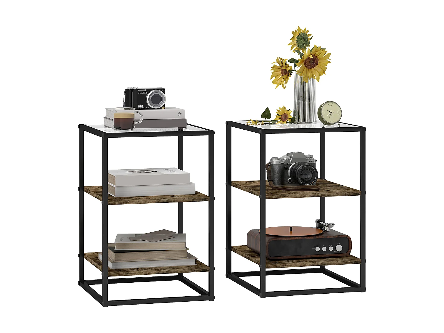 Set 2 tavolini da soggiorno a 3 livelli con piano in vetro marrone