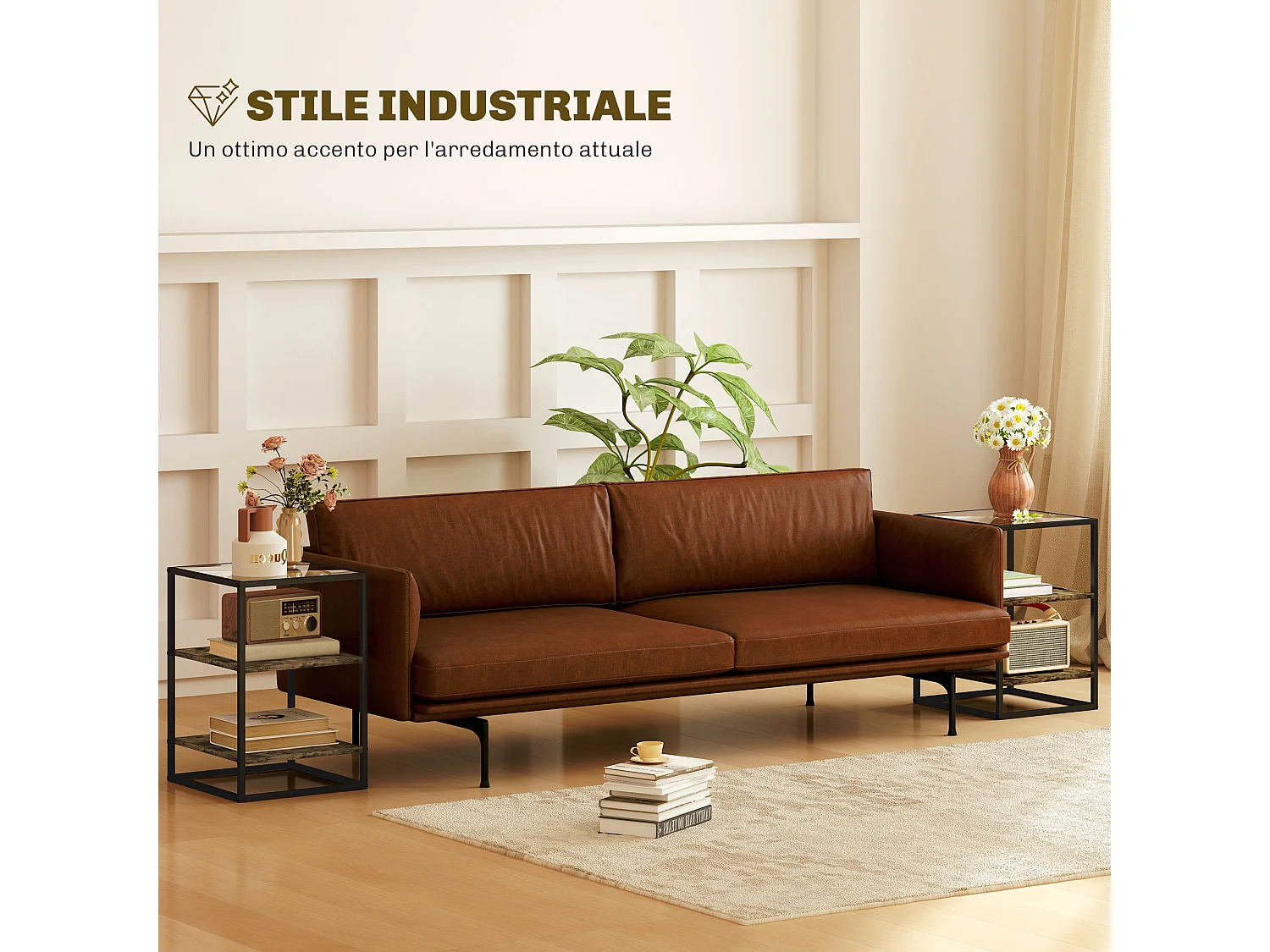 Set 2 tavolini da soggiorno a 3 livelli con piano in vetro marrone