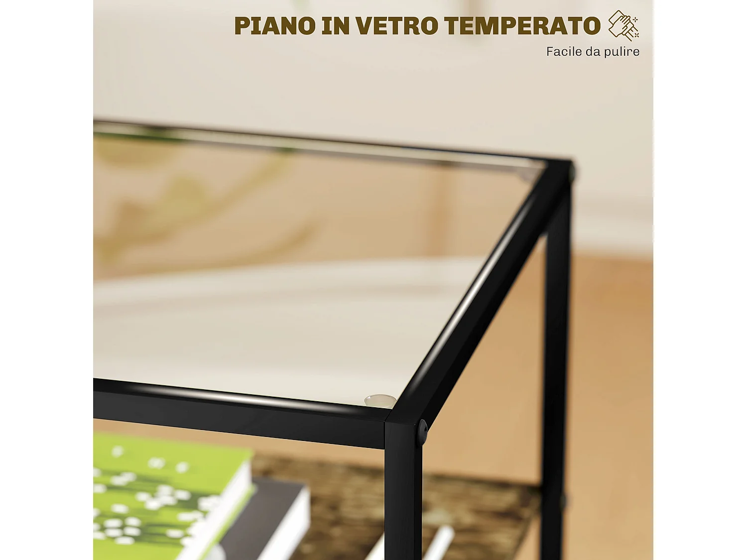 Set 2 tavolini da soggiorno a 3 livelli con piano in vetro marrone