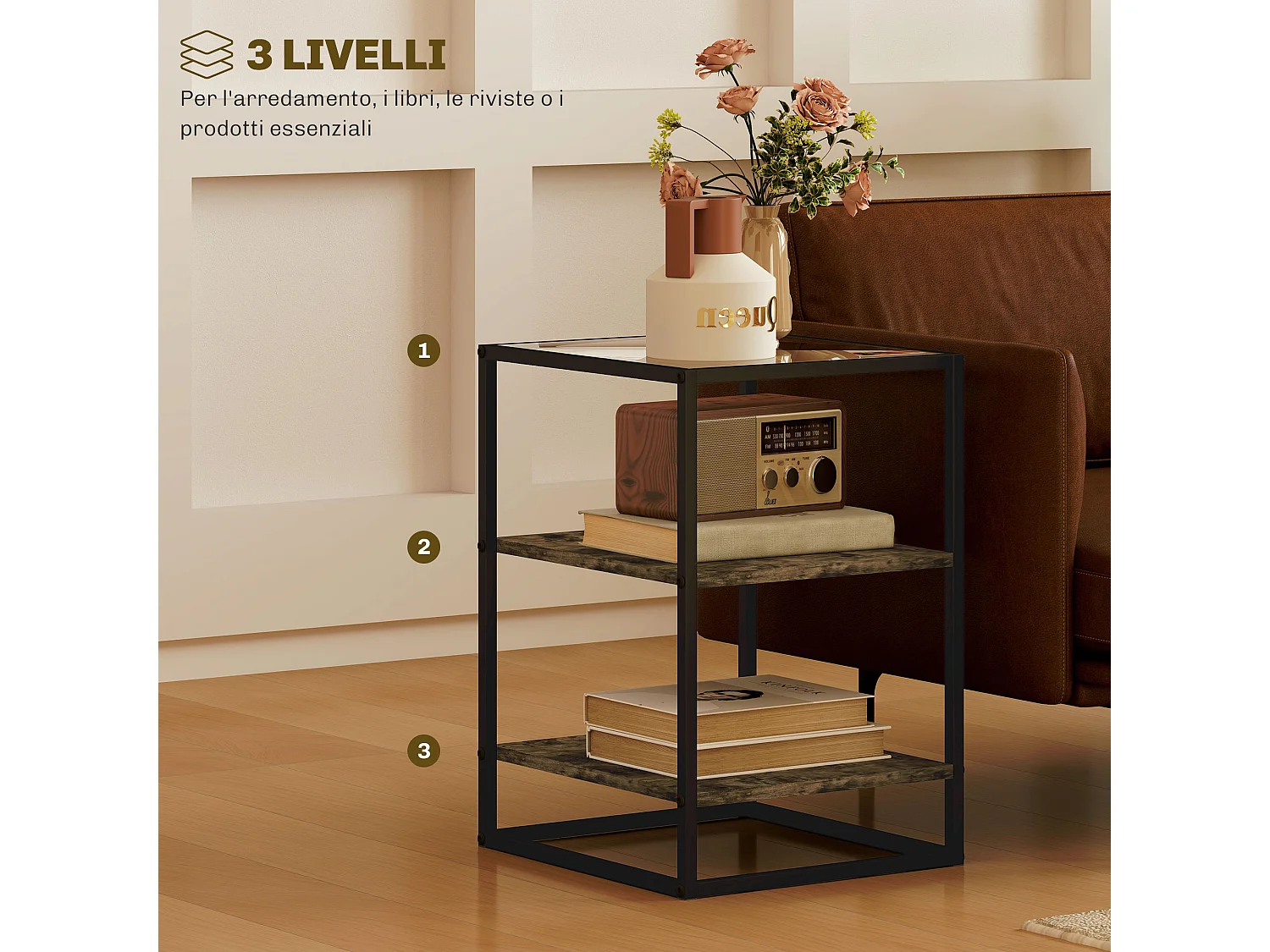 Set 2 tavolini da soggiorno a 3 livelli con piano in vetro marrone