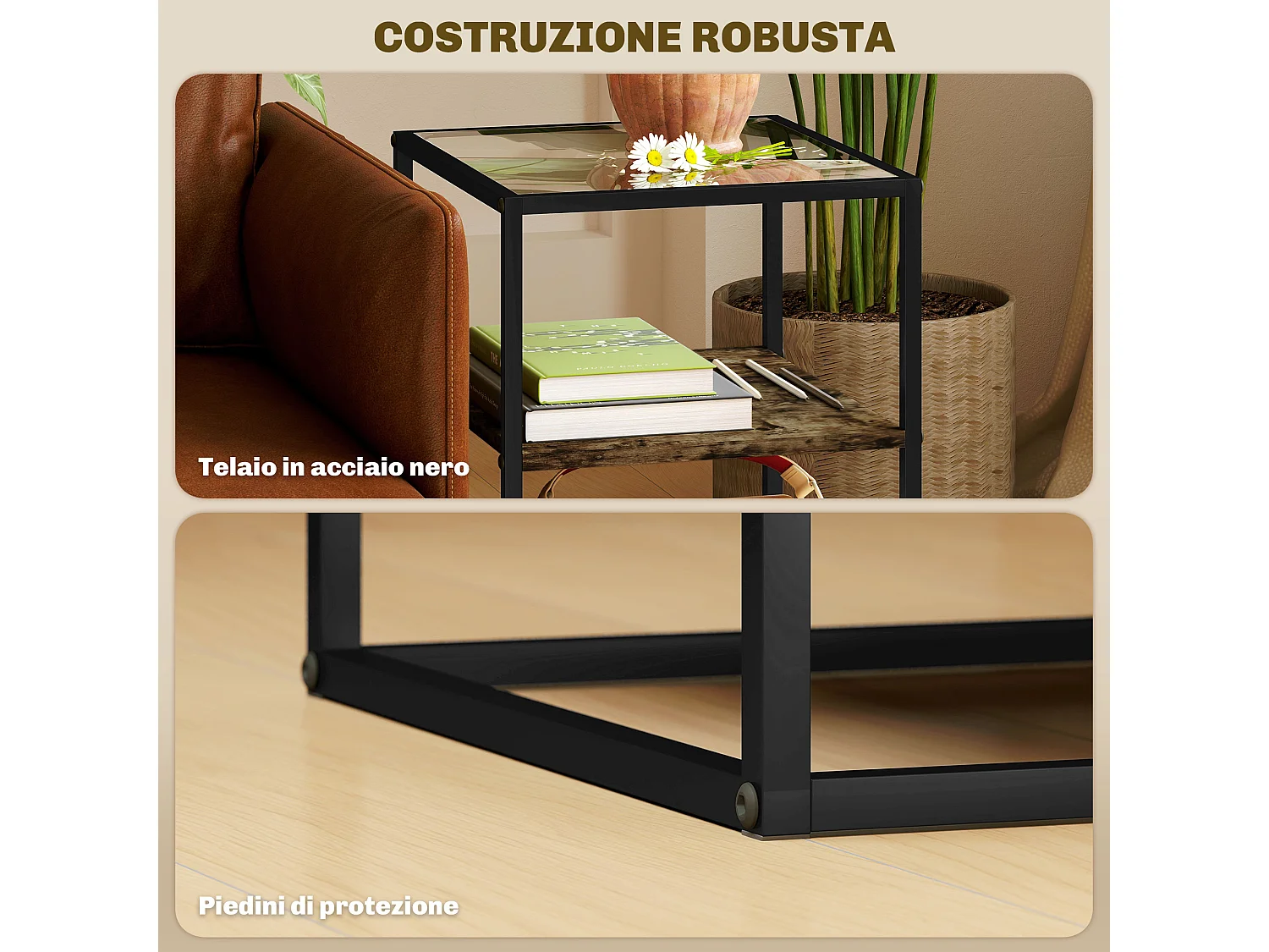 Set 2 tavolini da soggiorno a 3 livelli con piano in vetro marrone