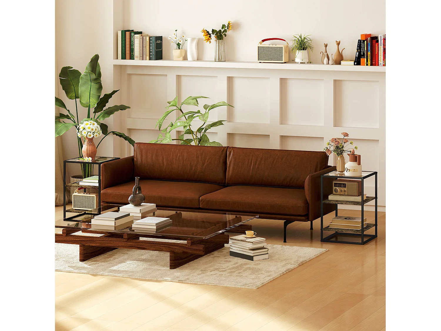 Set 2 tavolini da soggiorno a 3 livelli con piano in vetro marrone