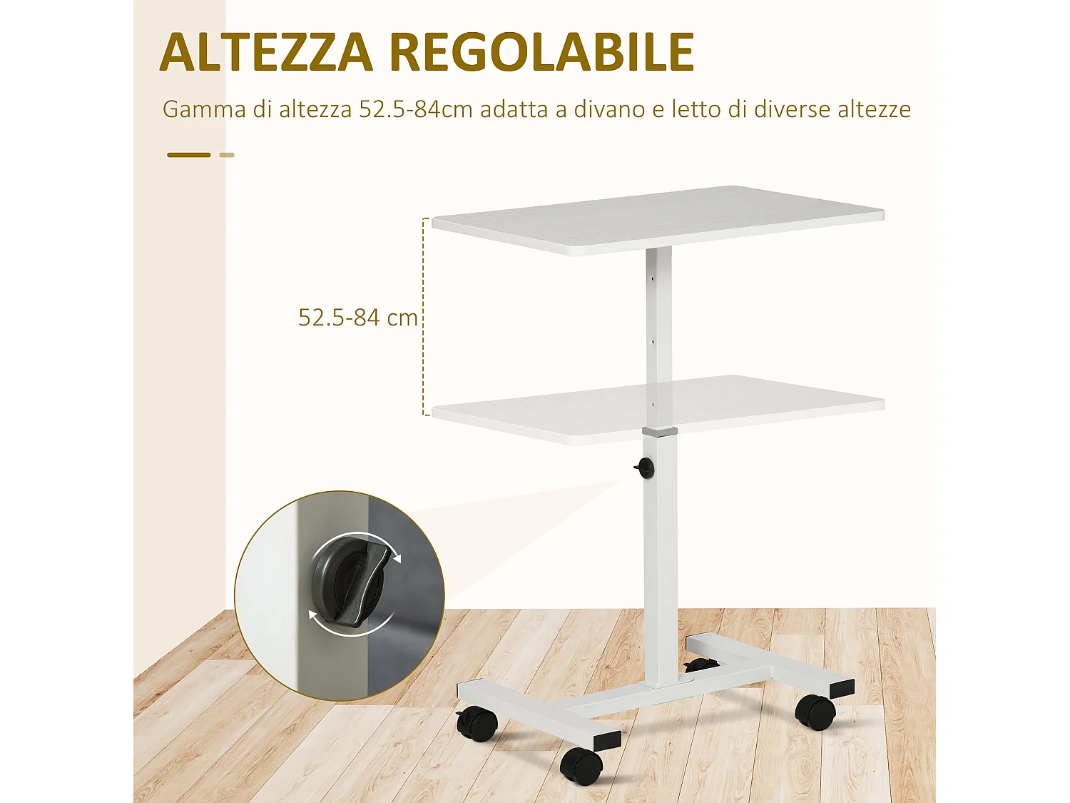 Tavolino per pc altezza regolabile ruote bianco 60x40x52.5-84cm