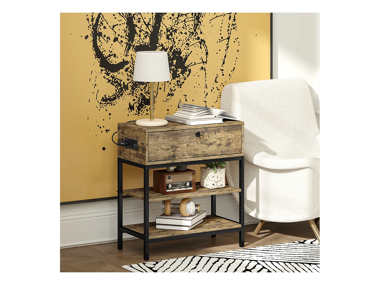 Tavolino da divano cassetto 2 ripiani stile industriale nero marrone