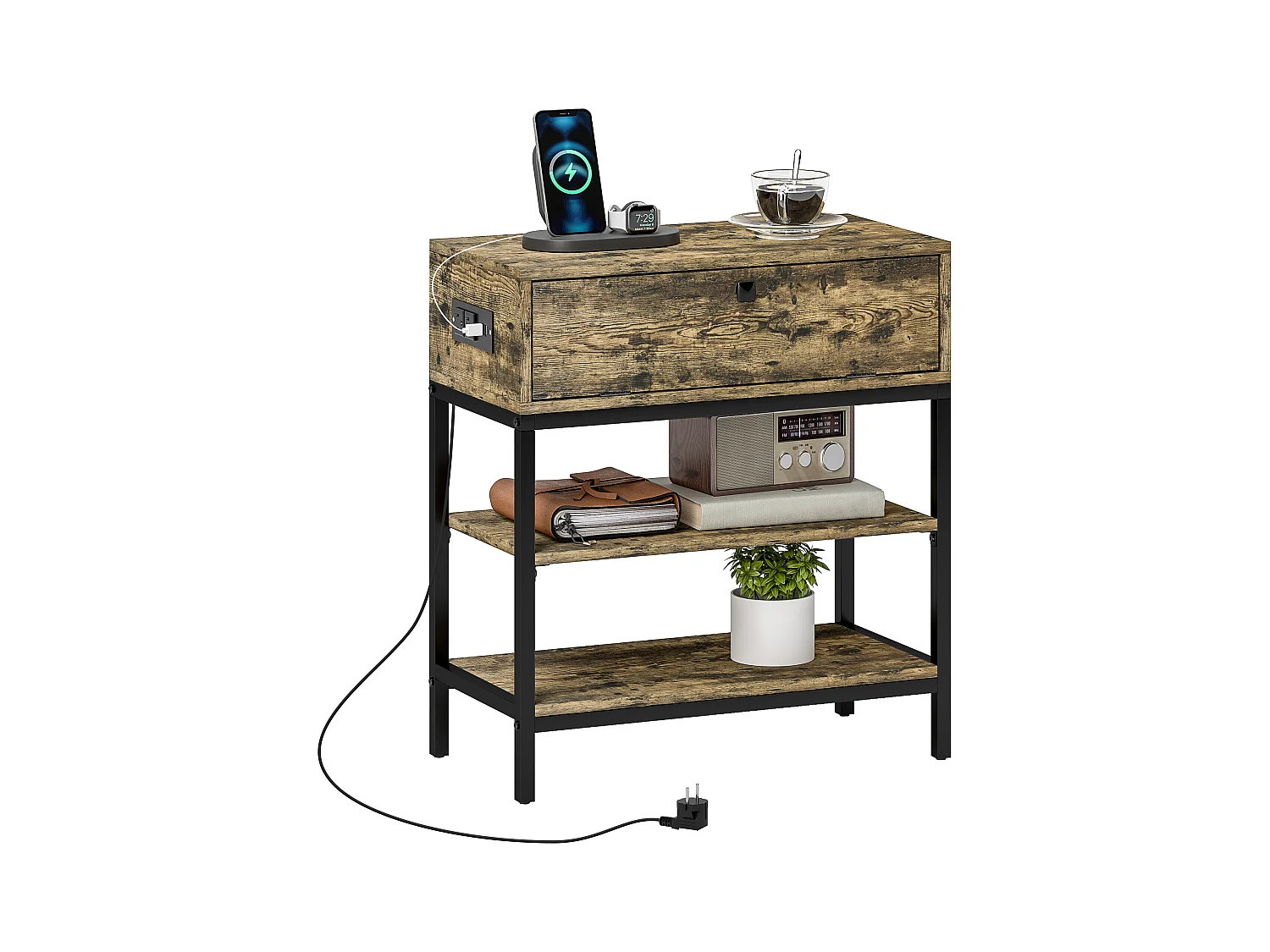 Tavolino da divano cassetto 2 ripiani stile industriale nero marrone