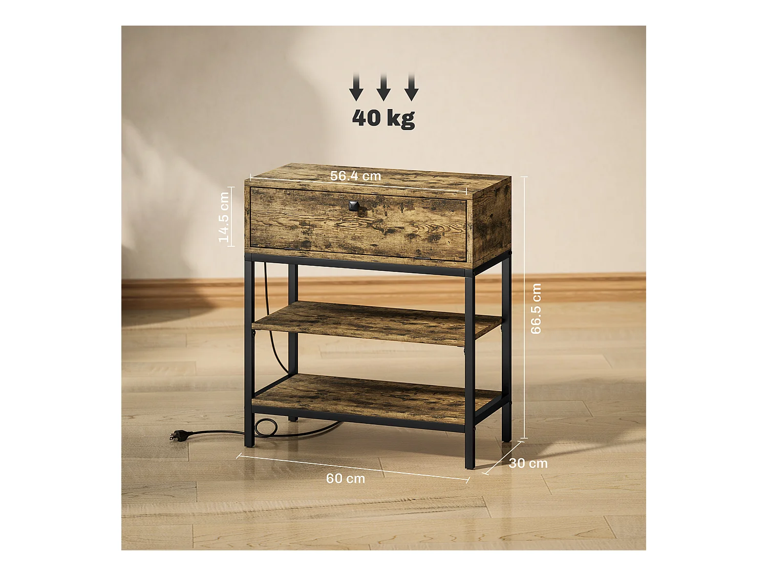 Tavolino da divano cassetto 2 ripiani stile industriale nero marrone