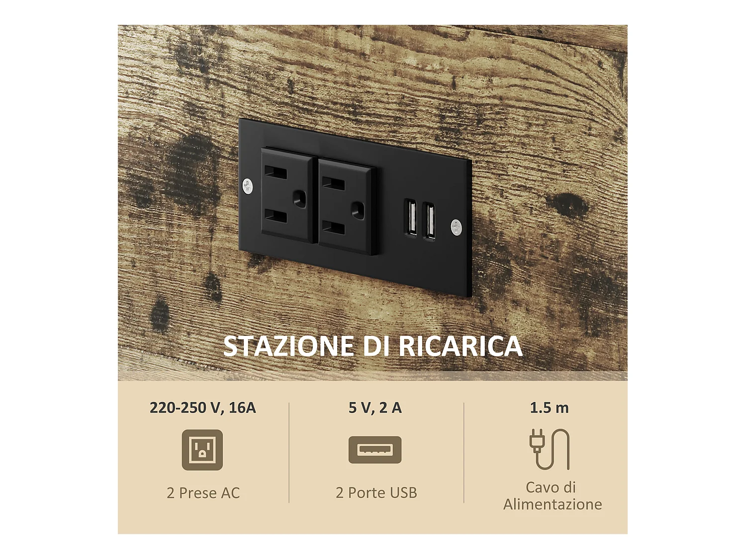 Tavolino da divano cassetto 2 ripiani stile industriale nero marrone