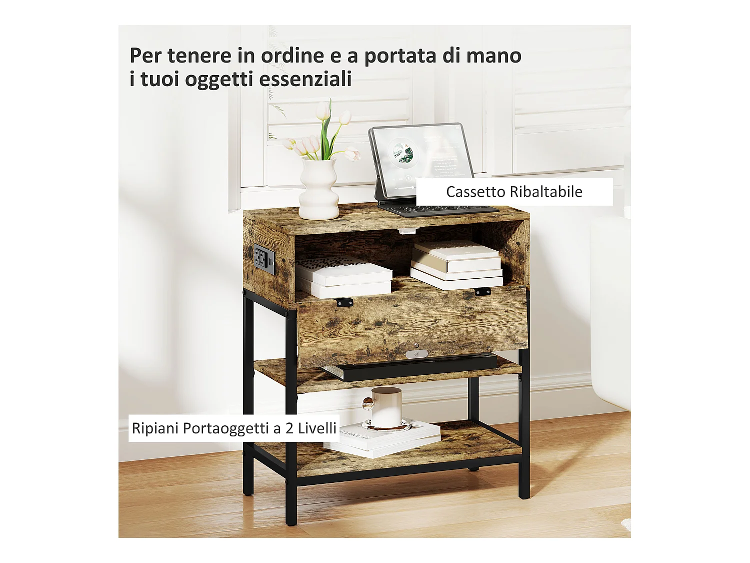 Tavolino da divano cassetto 2 ripiani stile industriale nero marrone