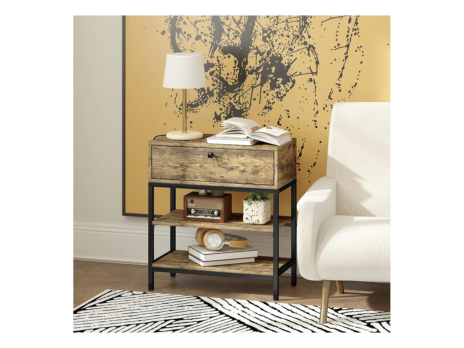 Tavolino da divano cassetto 2 ripiani stile industriale nero marrone