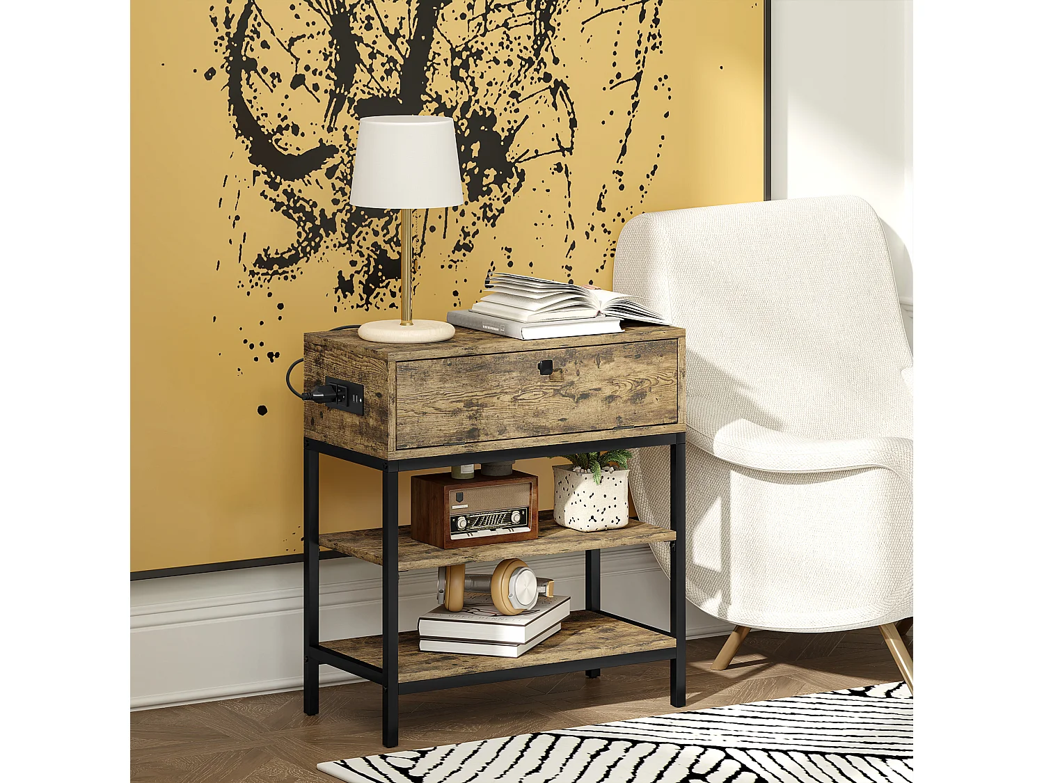 Tavolino da divano cassetto 2 ripiani stile industriale nero marrone