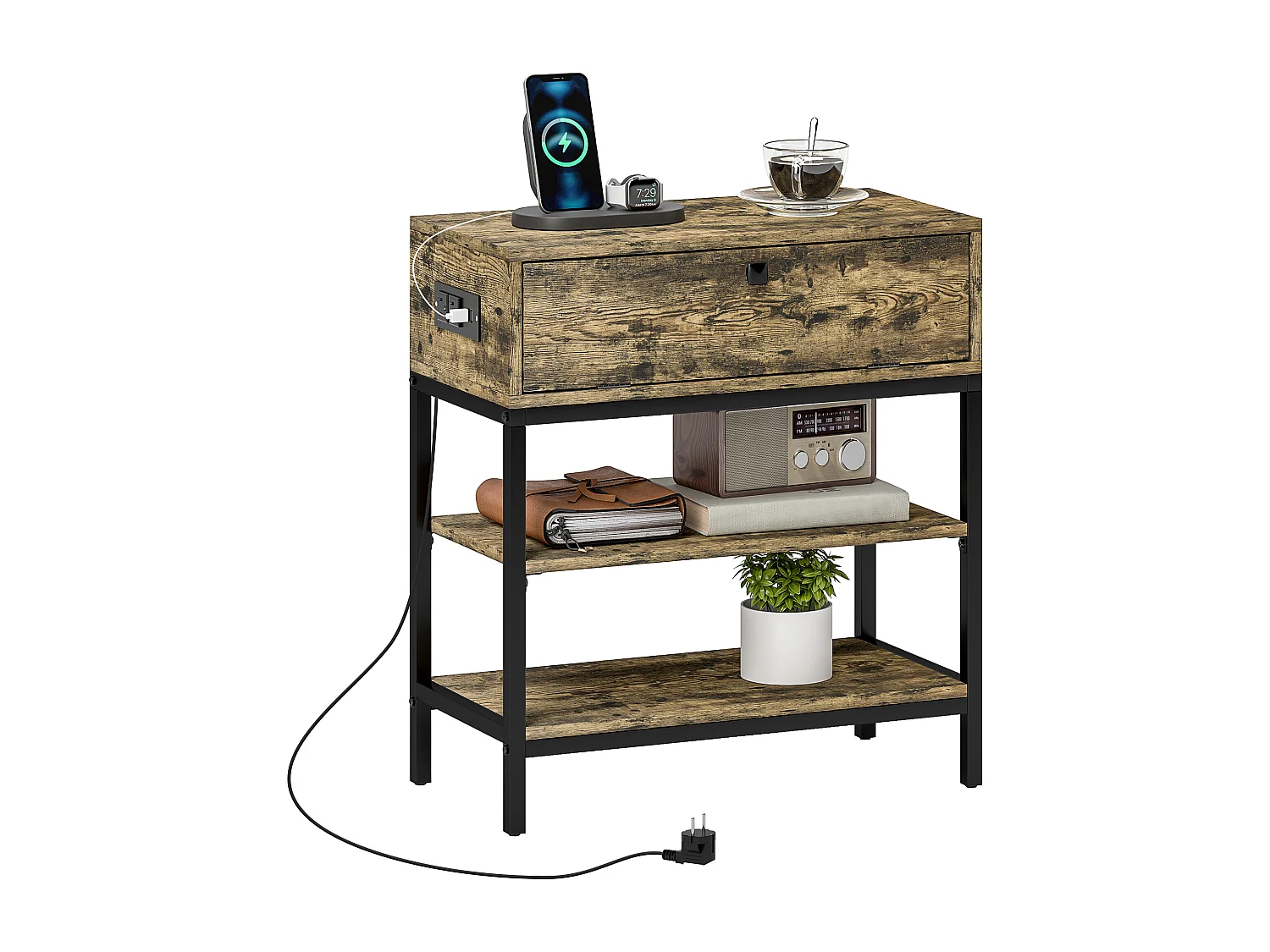 Tavolino da divano cassetto 2 ripiani stile industriale nero marrone