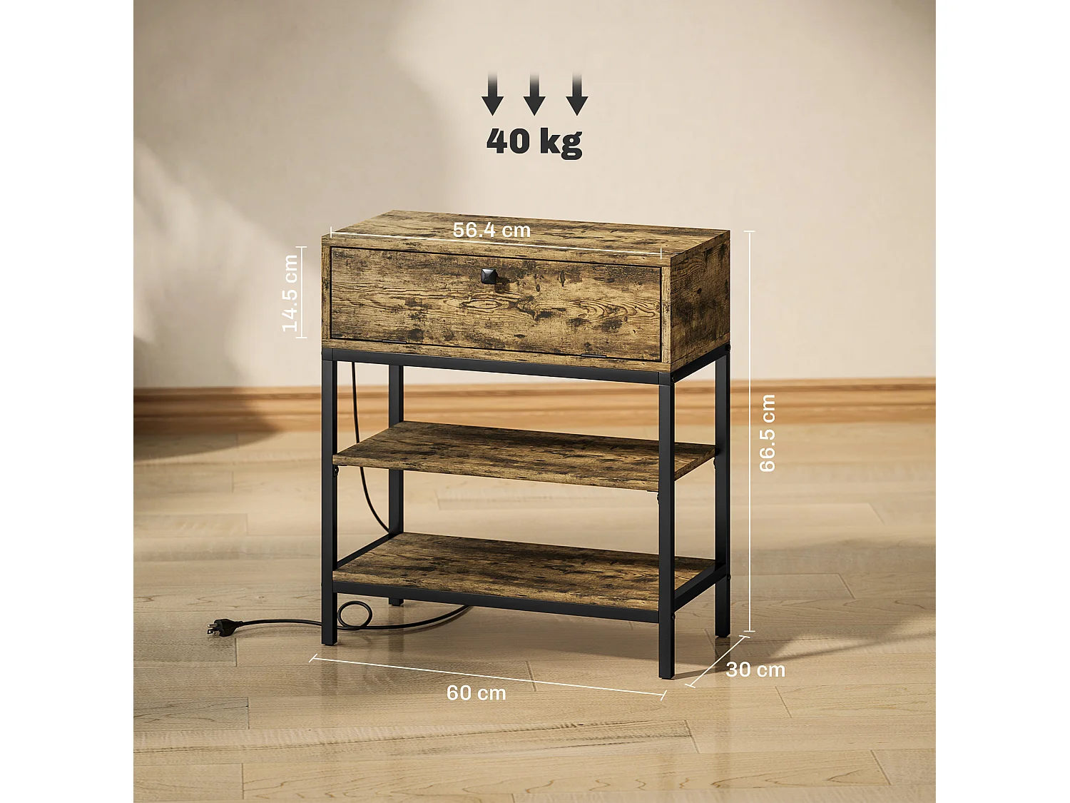 Tavolino da divano cassetto 2 ripiani stile industriale nero marrone