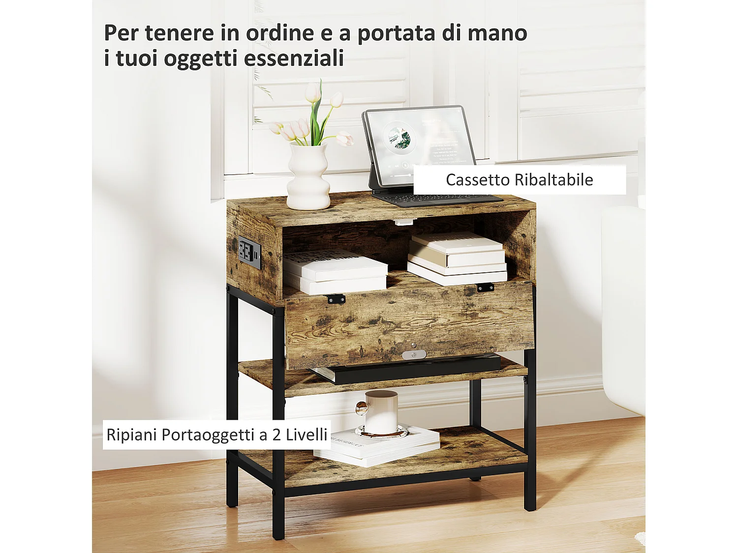 Tavolino da divano cassetto 2 ripiani stile industriale nero marrone