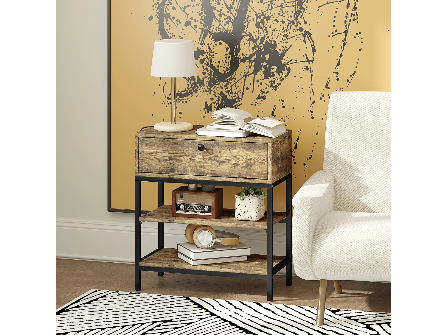 Tavolino da divano cassetto 2 ripiani stile industriale nero marrone